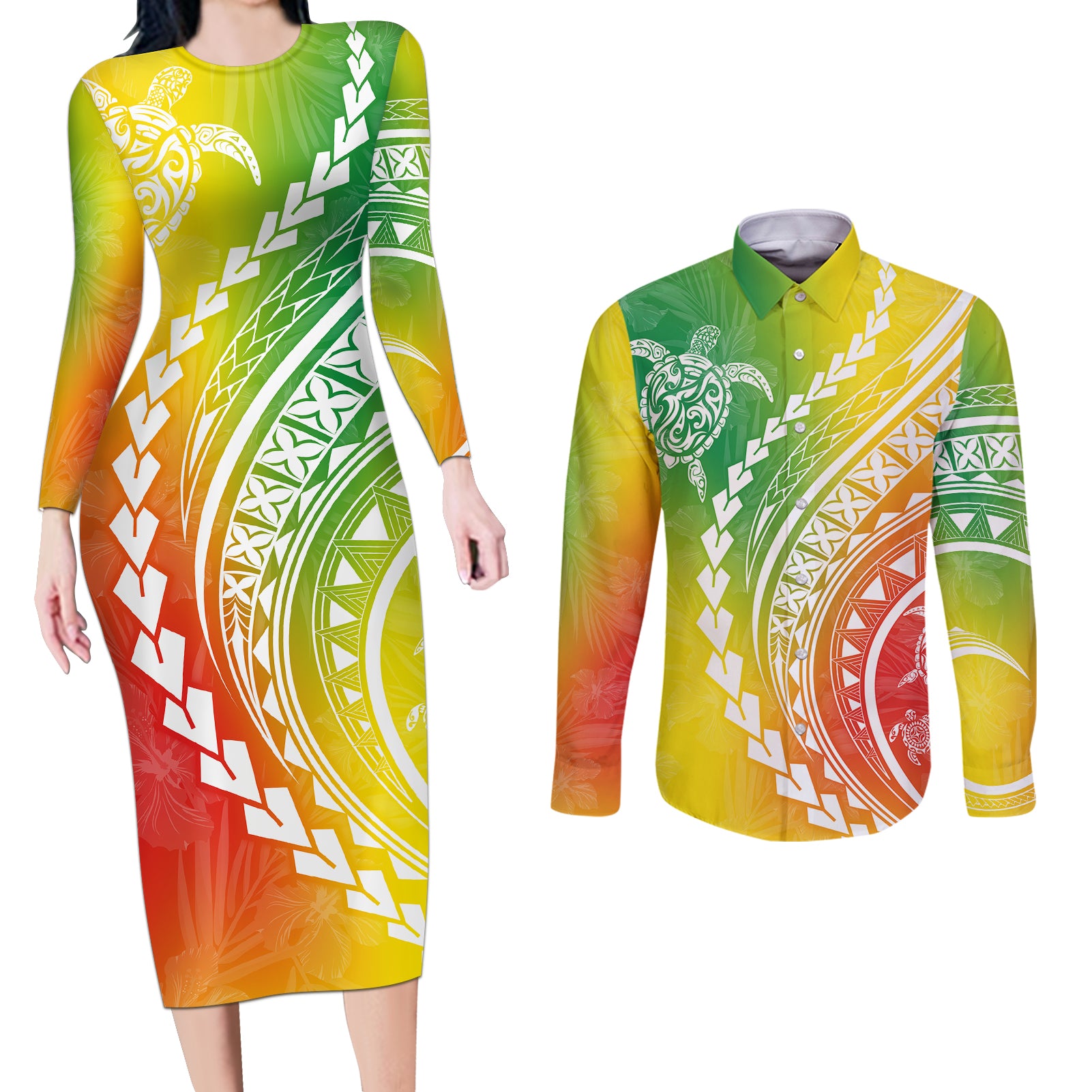 Polynesian Pride Couples Matching Long Sleeve Bodycon Dress and Long Sleeve Button Shirts Turtle Hibiscus Luxury Style - Reggae LT7 Reggae - Polynesian Pride