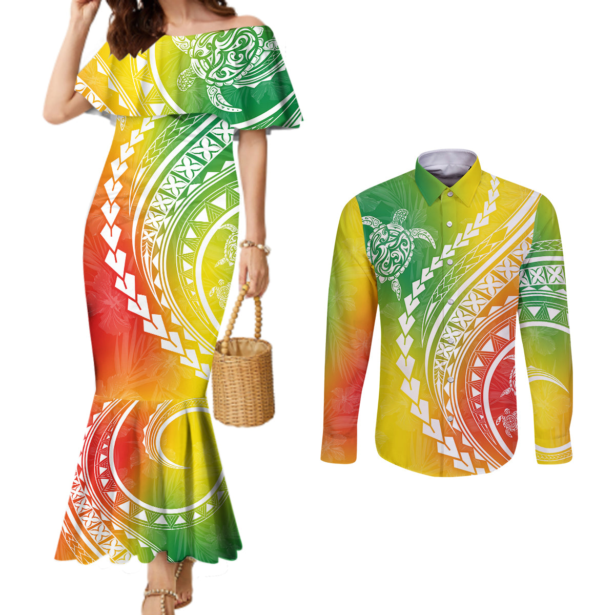 Polynesian Pride Couples Matching Mermaid Dress and Long Sleeve Button Shirts Turtle Hibiscus Luxury Style - Reggae LT7 Reggae - Polynesian Pride