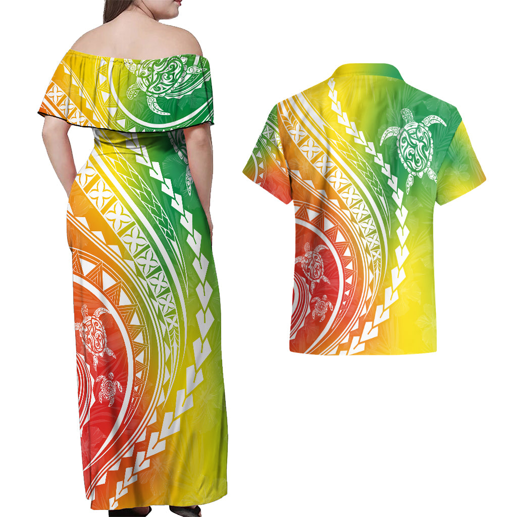 Polynesian Pride Couples Matching Off Shoulder Maxi Dress and Hawaiian Shirt Turtle Hibiscus Luxury Style - Reggae LT7 - Polynesian Pride