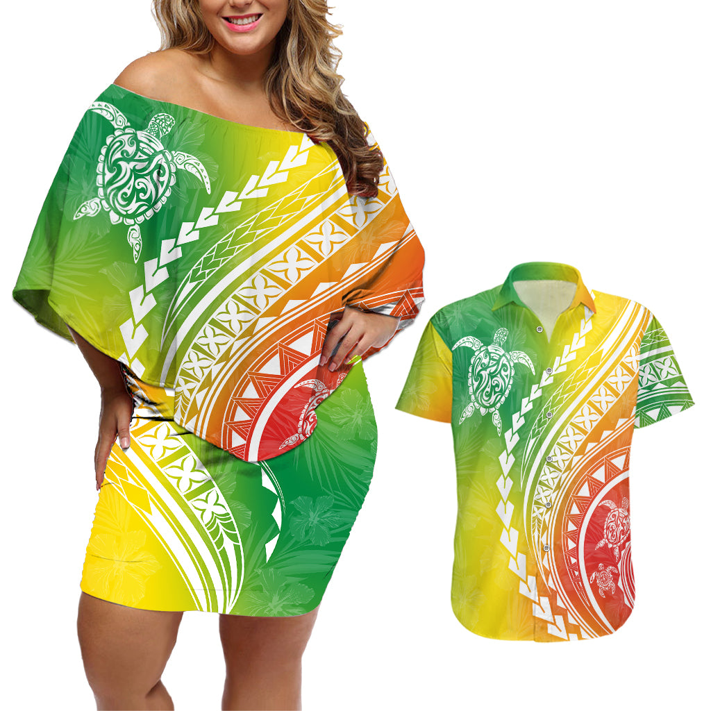 Polynesian Pride Couples Matching Off Shoulder Short Dress and Hawaiian Shirt Turtle Hibiscus Luxury Style - Reggae LT7 Reggae - Polynesian Pride