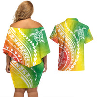 Polynesian Pride Couples Matching Off Shoulder Short Dress and Hawaiian Shirt Turtle Hibiscus Luxury Style - Reggae LT7 - Polynesian Pride