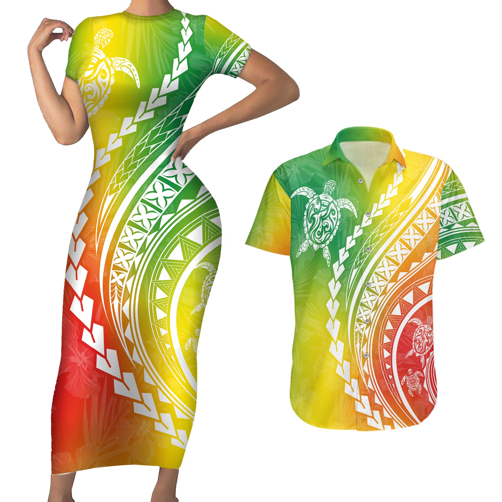 Polynesian Pride Couples Matching Short Sleeve Bodycon Dress and Hawaiian Shirt Turtle Hibiscus Luxury Style - Reggae LT7 Reggae - Polynesian Pride