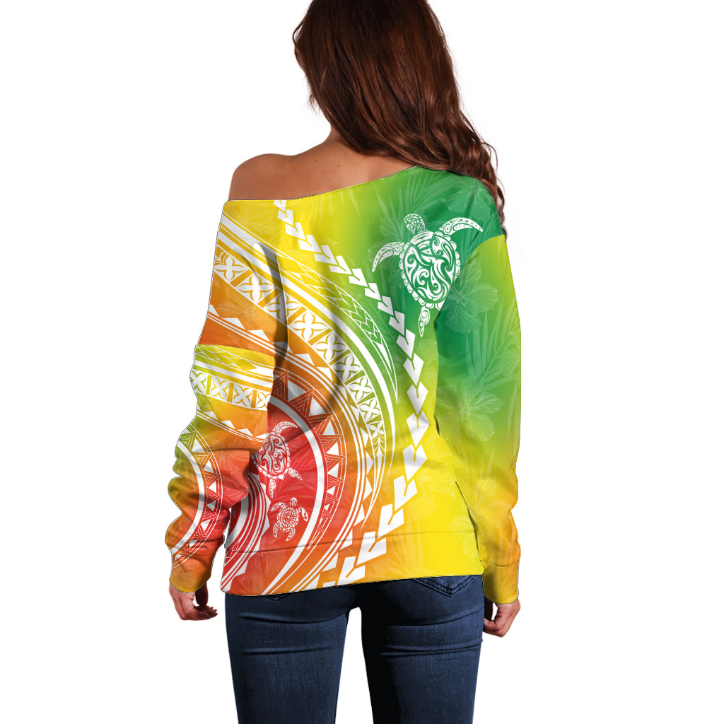 Polynesian Pride Off Shoulder Sweater Turtle Hibiscus Luxury Style - Reggae LT7 - Polynesian Pride