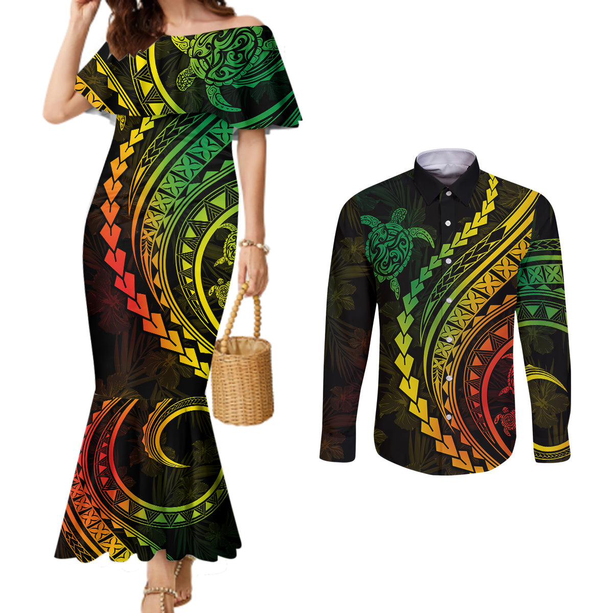 Polynesian Pride Couples Matching Mermaid Dress and Long Sleeve Button Shirts Turtle Hibiscus Luxury Style - Reggae Ver2 LT7 Reggae - Polynesian Pride