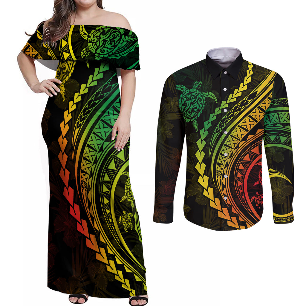 Polynesian Pride Couples Matching Off Shoulder Maxi Dress and Long Sleeve Button Shirts Turtle Hibiscus Luxury Style - Reggae Ver2 LT7 Reggae - Polynesian Pride