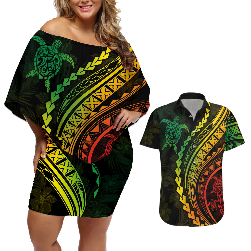 Polynesian Pride Couples Matching Off Shoulder Short Dress and Hawaiian Shirt Turtle Hibiscus Luxury Style - Reggae Ver2 LT7 Reggae - Polynesian Pride