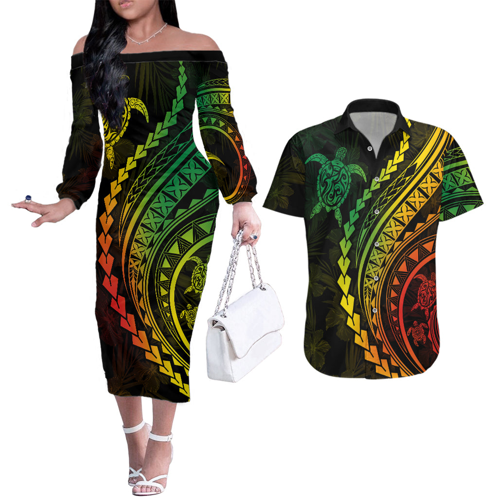 Polynesian Pride Couples Matching Off The Shoulder Long Sleeve Dress and Hawaiian Shirt Turtle Hibiscus Luxury Style - Reggae Ver2 LT7 Reggae - Polynesian Pride