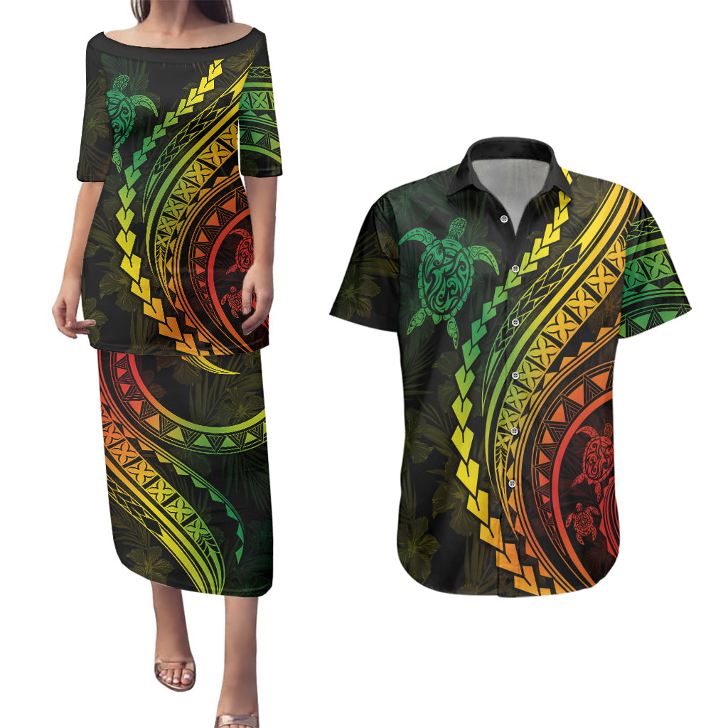 Polynesian Pride Couples Matching Puletasi Dress and Hawaiian Shirt Turtle Hibiscus Luxury Style - Reggae Ver2 LT7 Reggae - Polynesian Pride