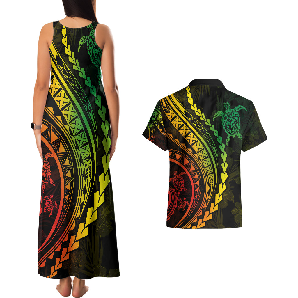 Polynesian Pride Couples Matching Tank Maxi Dress and Hawaiian Shirt Turtle Hibiscus Luxury Style - Reggae Ver2 LT7 - Polynesian Pride