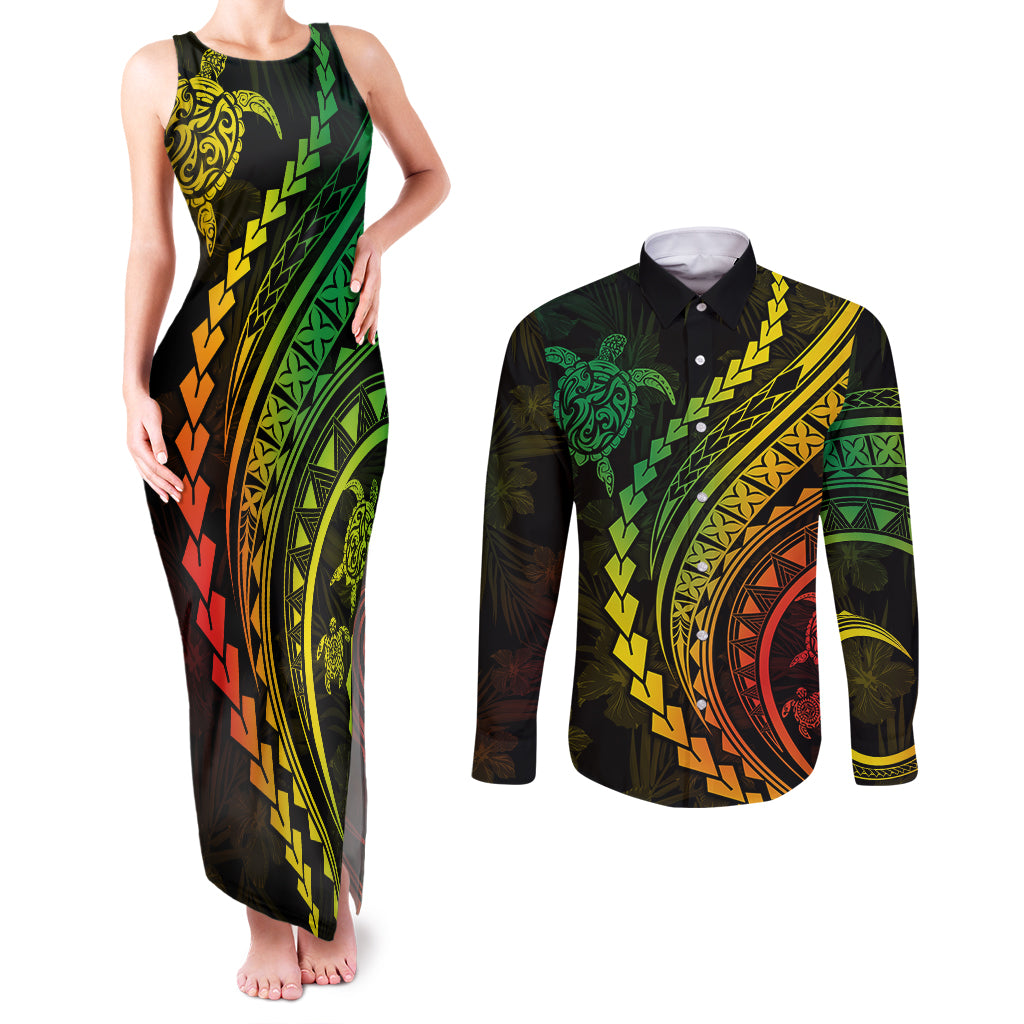 Polynesian Pride Couples Matching Tank Maxi Dress and Long Sleeve Button Shirts Turtle Hibiscus Luxury Style - Reggae Ver2 LT7 Reggae - Polynesian Pride