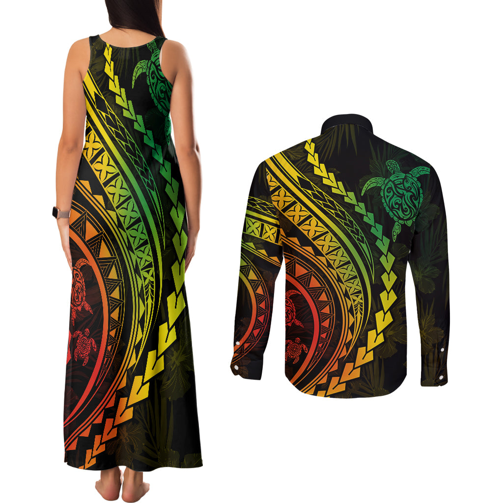 Polynesian Pride Couples Matching Tank Maxi Dress and Long Sleeve Button Shirts Turtle Hibiscus Luxury Style - Reggae Ver2 LT7 - Polynesian Pride