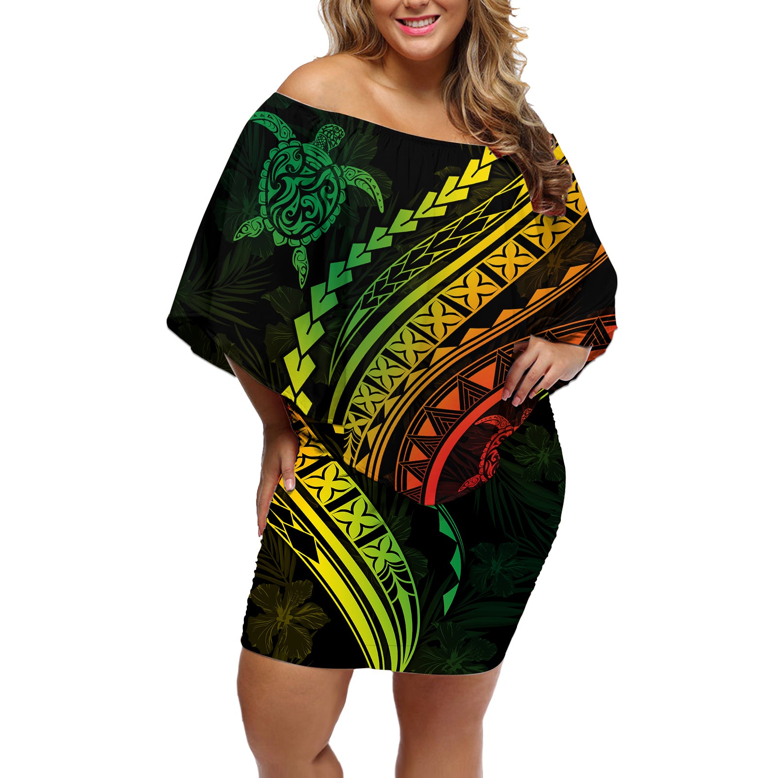 Polynesian Pride Off Shoulder Short Dress Turtle Hibiscus Luxury Style - Reggae Ver2 LT7 Women Reggae - Polynesian Pride