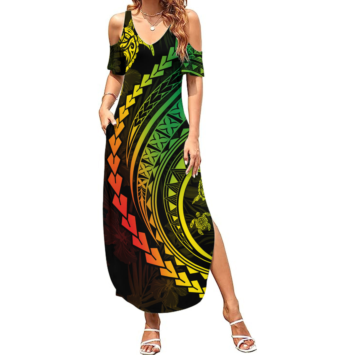 Polynesian Pride Summer Maxi Dress Turtle Hibiscus Luxury Style - Reggae Ver2 LT7 Women Reggae - Polynesian Pride
