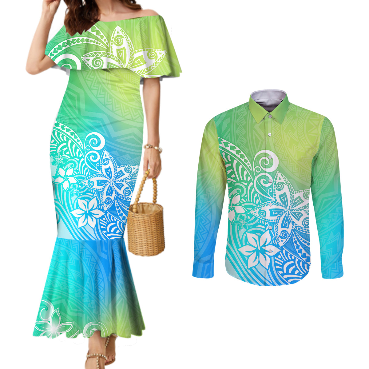 Polynesia Couples Matching Mermaid Dress and Long Sleeve Button Shirts Plumeria Blue Gradient Curves LT7 Blue Green - Polynesian Pride