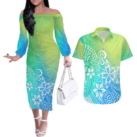 Polynesia Couples Matching Off The Shoulder Long Sleeve Dress and Hawaiian Shirt Plumeria Blue Gradient Curves LT7 Blue Green - Polynesian Pride