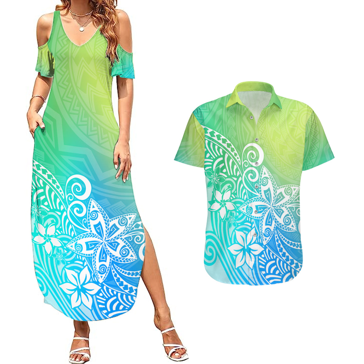 Polynesia Couples Matching Summer Maxi Dress and Hawaiian Shirt Plumeria Blue Gradient Curves LT7 Blue Green - Polynesian Pride