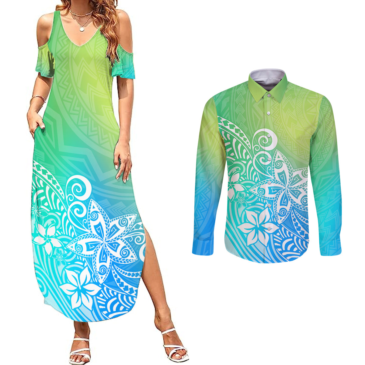 Polynesia Couples Matching Summer Maxi Dress and Long Sleeve Button Shirts Plumeria Blue Gradient Curves LT7 Blue Green - Polynesian Pride