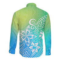 Polynesia Long Sleeve Button Shirt Plumeria Blue Gradient Curves LT7 - Polynesian Pride