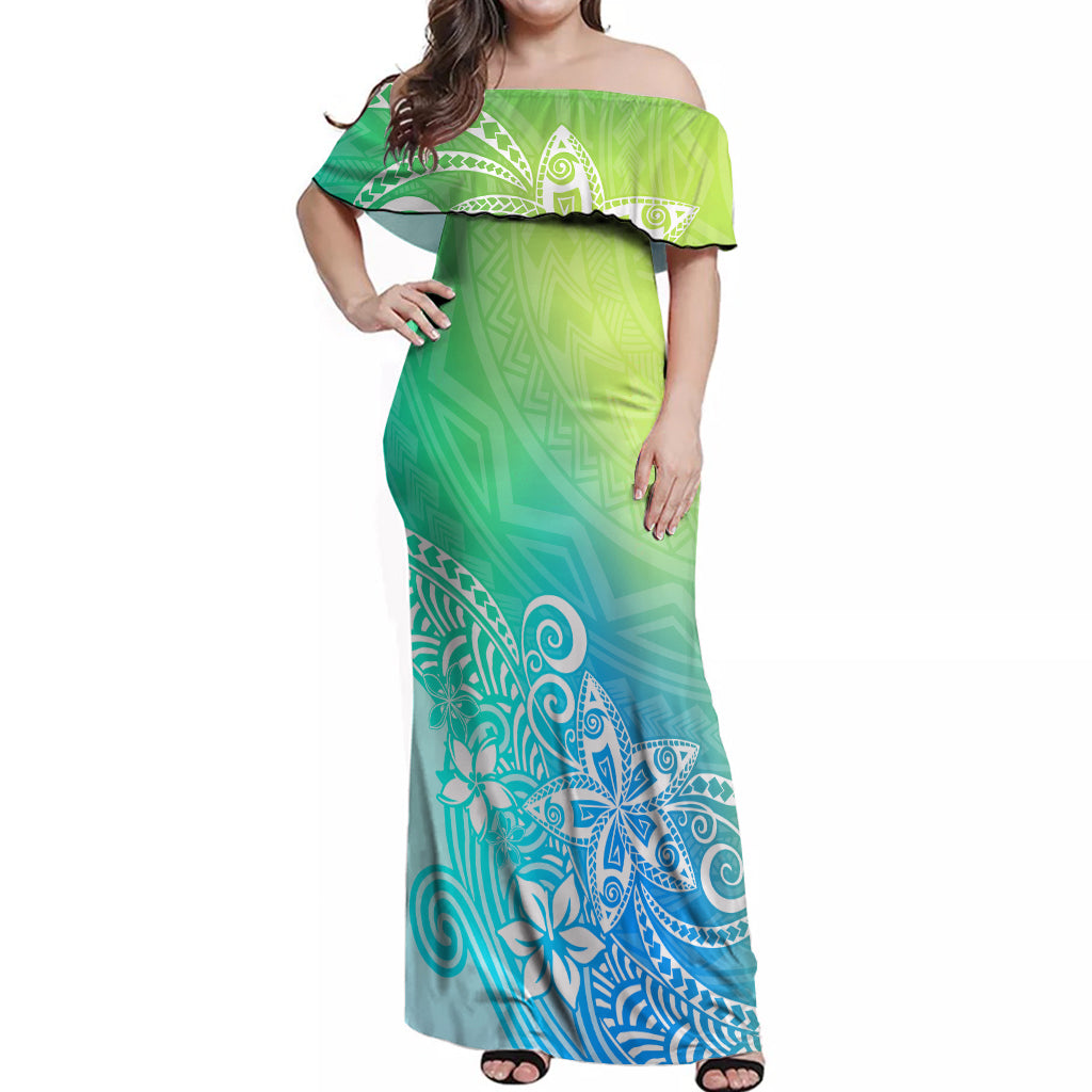 Polynesia Off Shoulder Maxi Dress Plumeria Blue Gradient Curves LT7 Women Blue Green - Polynesian Pride