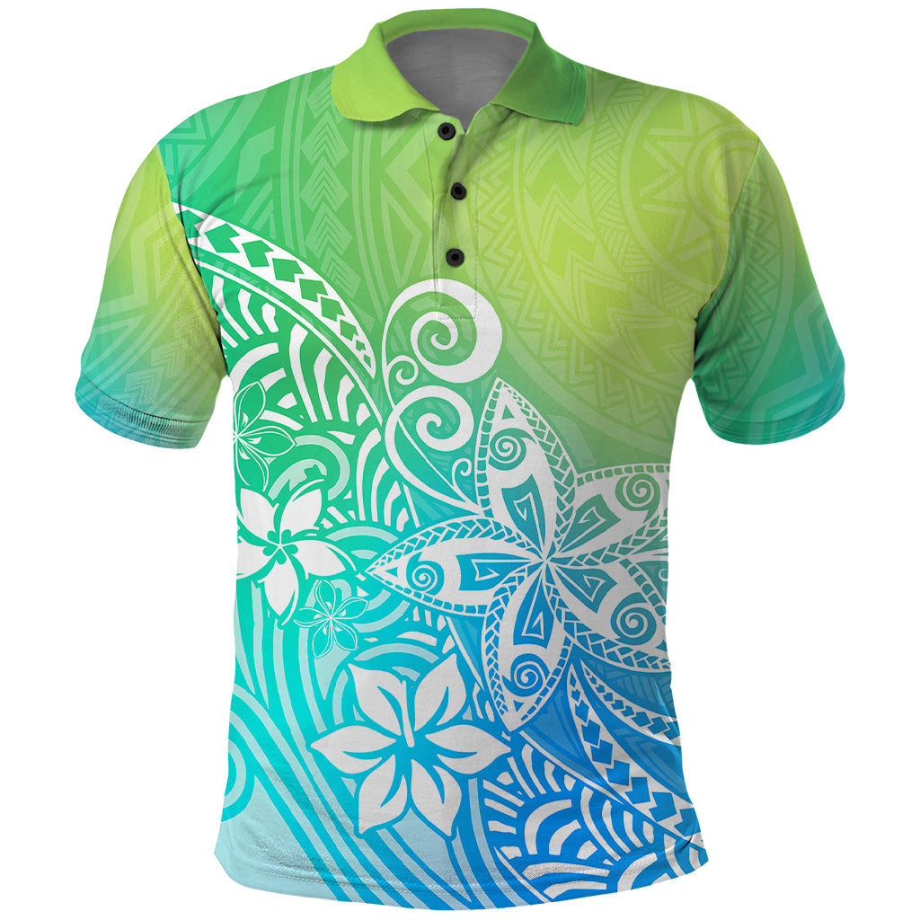 Polynesia Polo Shirt Plumeria Blue Gradient Curves LT7 Blue Green - Polynesian Pride