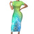 Polynesia Short Sleeve Bodycon Dress Plumeria Blue Gradient Curves LT7 Long Dress Blue Green - Polynesian Pride