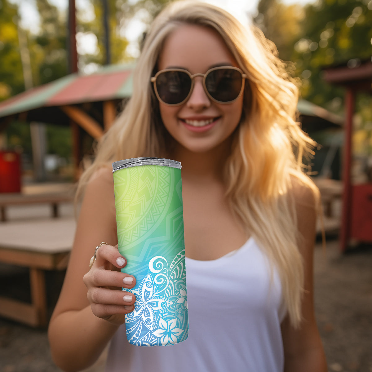 Polynesia Skinny Tumbler Plumeria Blue Gradient Curves
