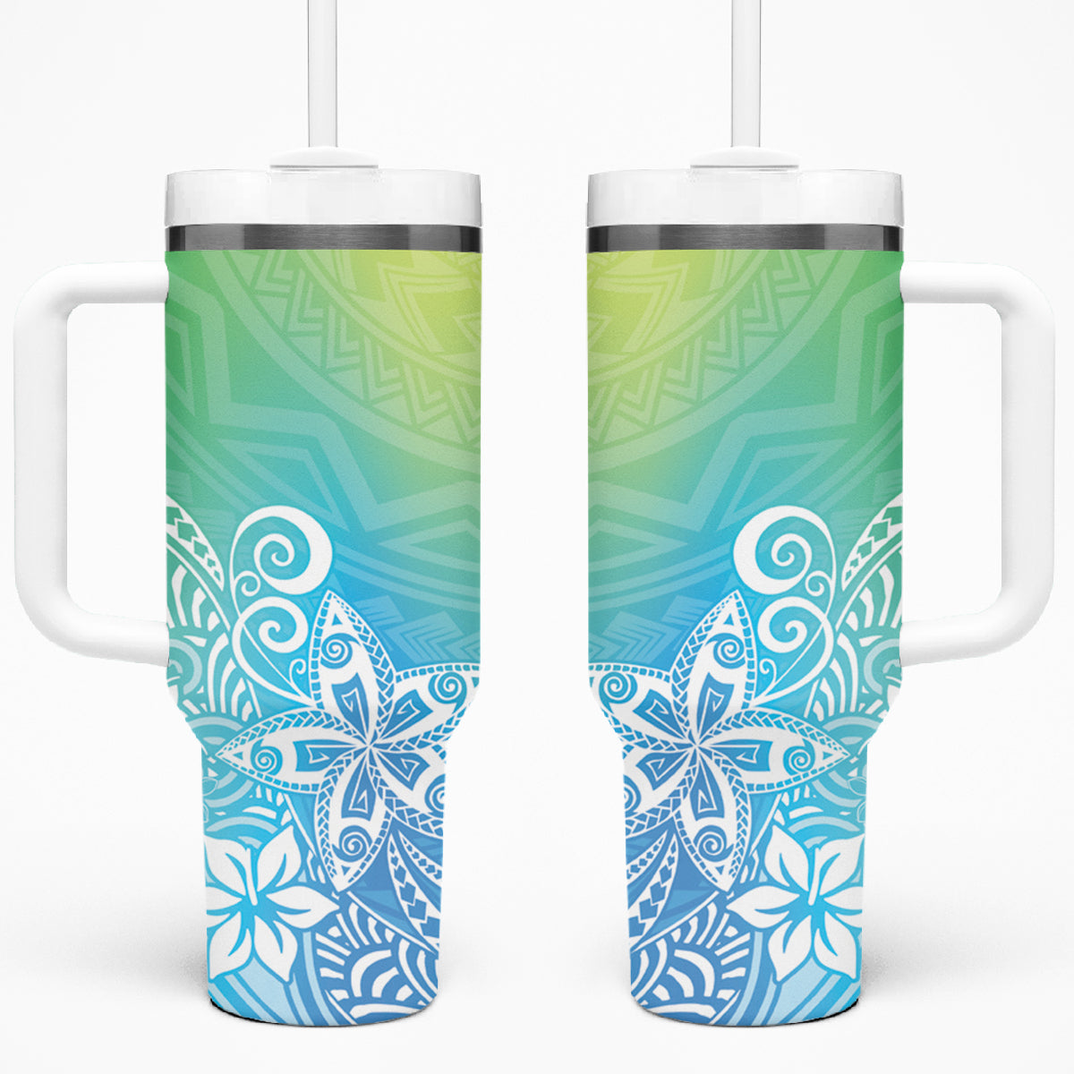 Polynesia Tumbler With Handle Plumeria Blue Gradient Curves