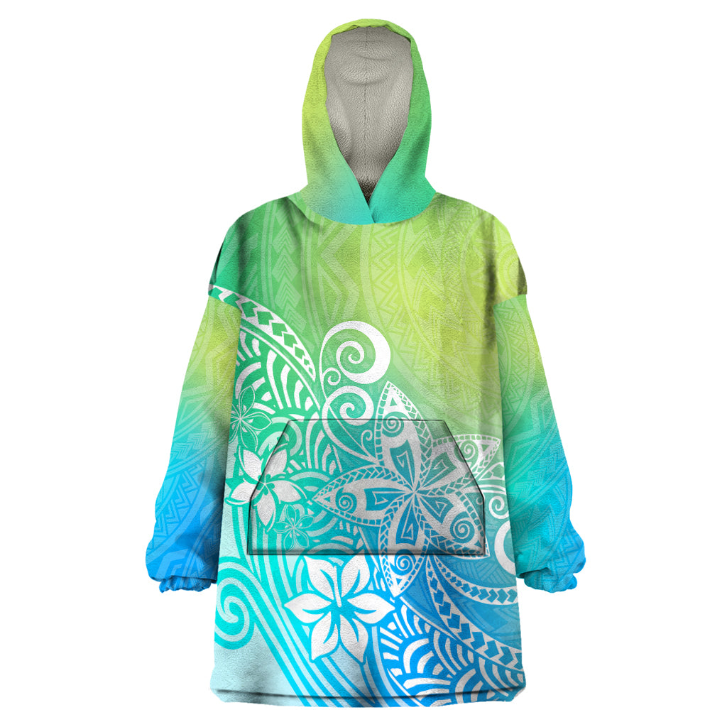 Polynesia Wearable Blanket Hoodie Plumeria Blue Gradient Curves LT7 One Size Blue Green - Polynesian Pride