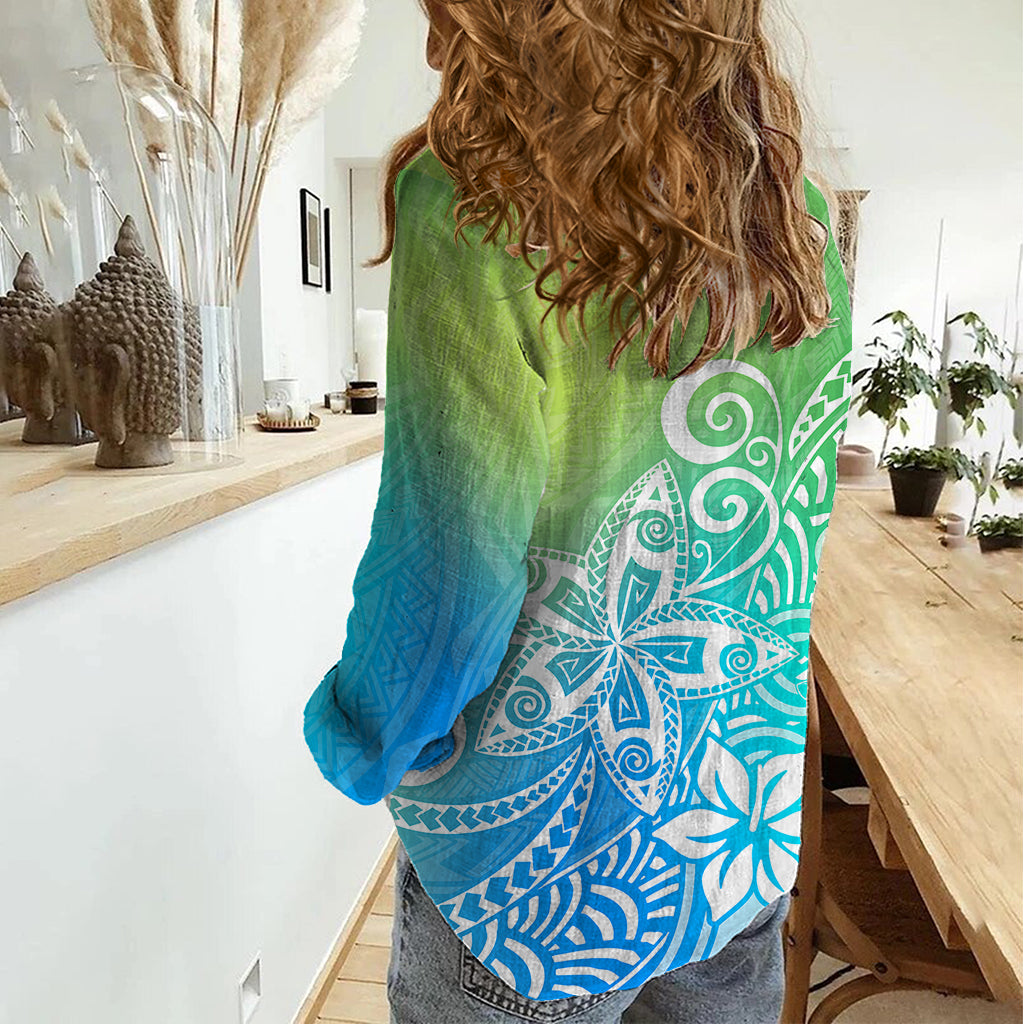 Polynesia Women Casual Shirt Plumeria Blue Gradient Curves LT7 - Polynesian Pride