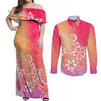 Polynesia Couples Matching Off Shoulder Maxi Dress and Long Sleeve Button Shirts Plumeria Pink Gradient Curves LT7 Pink - Polynesian Pride