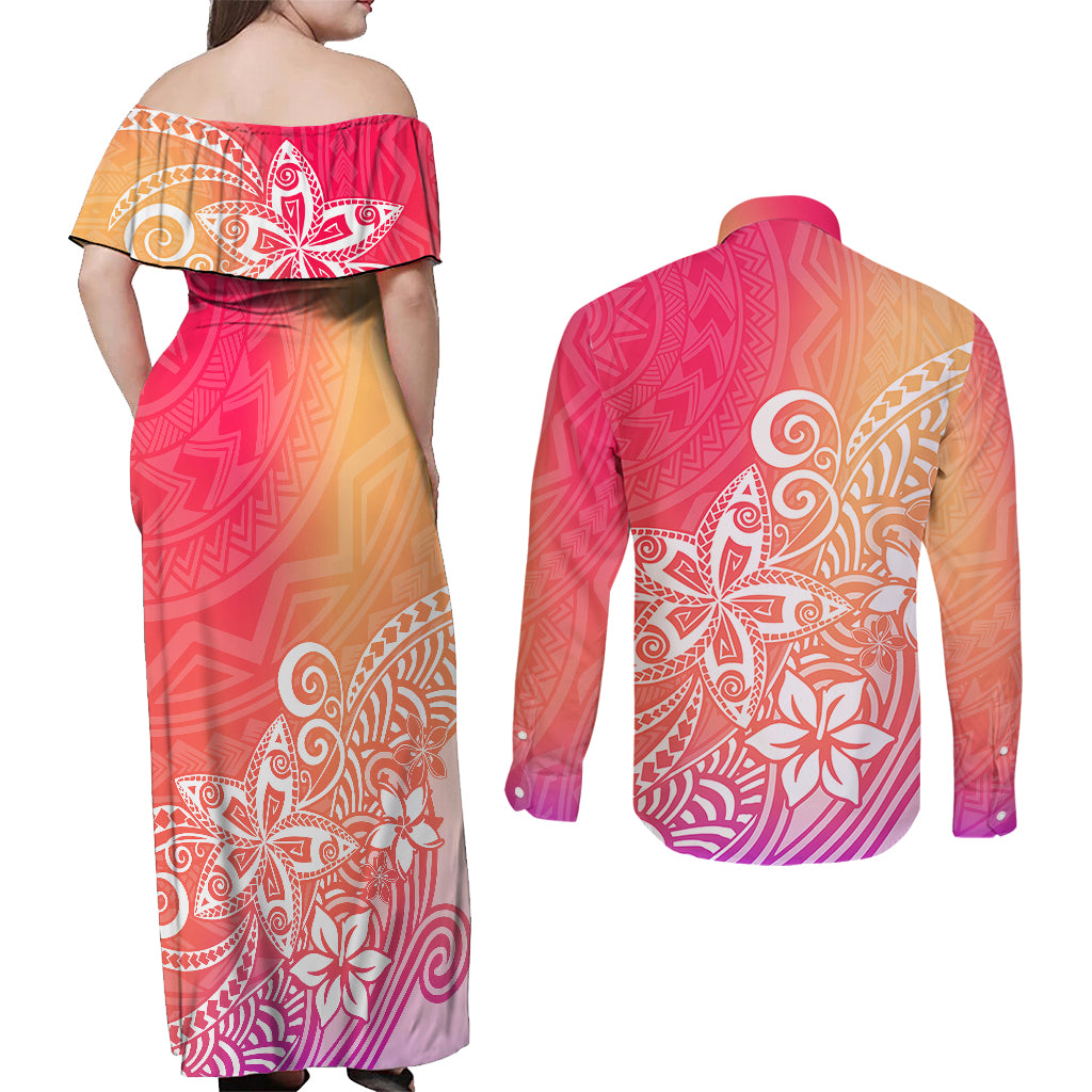 Polynesia Couples Matching Off Shoulder Maxi Dress and Long Sleeve Button Shirts Plumeria Pink Gradient Curves LT7 - Polynesian Pride