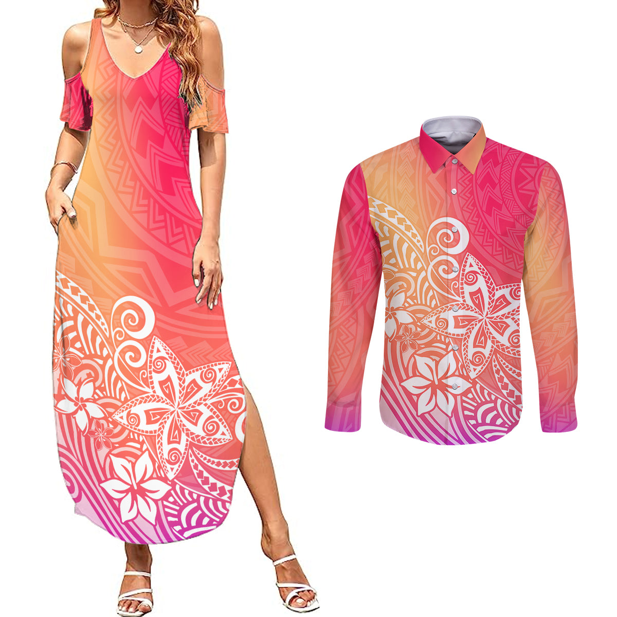 Polynesia Couples Matching Summer Maxi Dress and Long Sleeve Button Shirts Plumeria Pink Gradient Curves LT7 Pink - Polynesian Pride