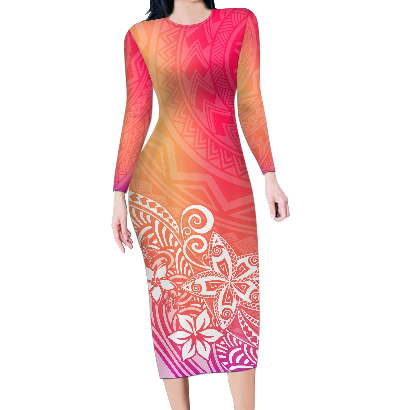 Polynesia Long Sleeve Bodycon Dress Plumeria Pink Gradient Curves LT7 Long Dress Pink - Polynesian Pride