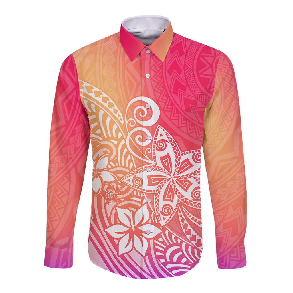 Polynesia Long Sleeve Button Shirt Plumeria Pink Gradient Curves LT7 Unisex Pink - Polynesian Pride