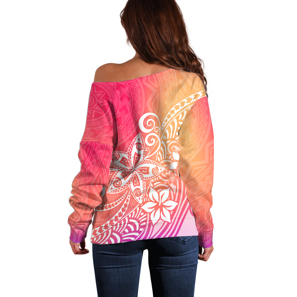 Polynesia Off Shoulder Sweater Plumeria Pink Gradient Curves LT7 - Polynesian Pride