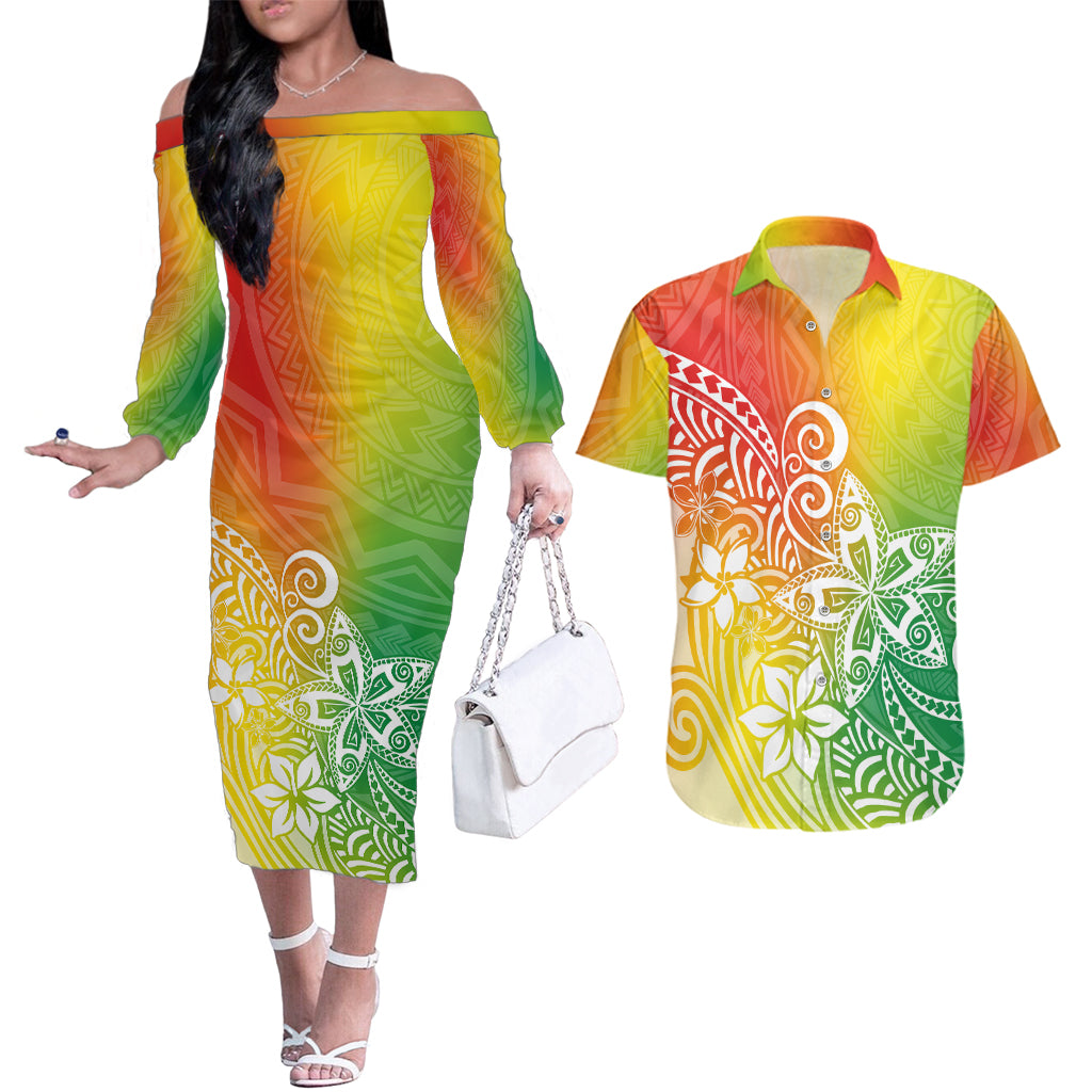 Polynesia Couples Matching Off The Shoulder Long Sleeve Dress and Hawaiian Shirt Plumeria Reggae Curves LT7 Reggae - Polynesian Pride