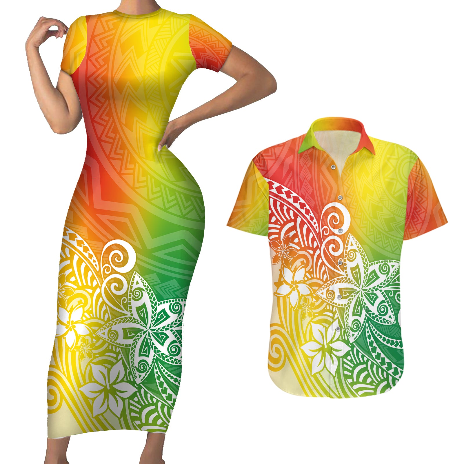 Polynesia Couples Matching Short Sleeve Bodycon Dress and Hawaiian Shirt Plumeria Reggae Curves LT7 Reggae - Polynesian Pride