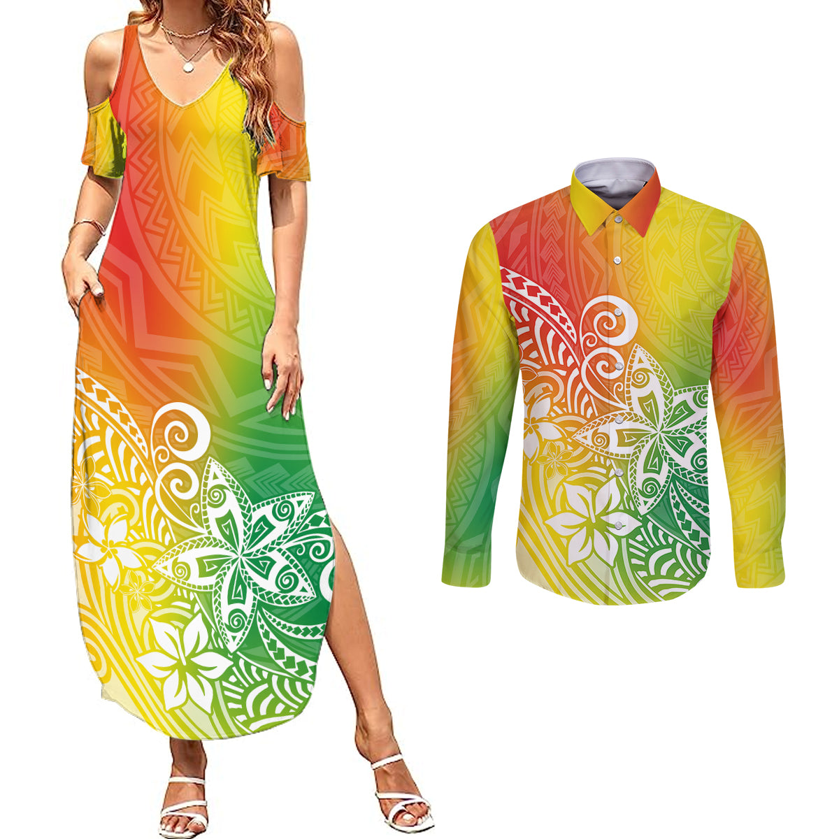 Polynesia Couples Matching Summer Maxi Dress and Long Sleeve Button Shirts Plumeria Reggae Curves LT7 Reggae - Polynesian Pride