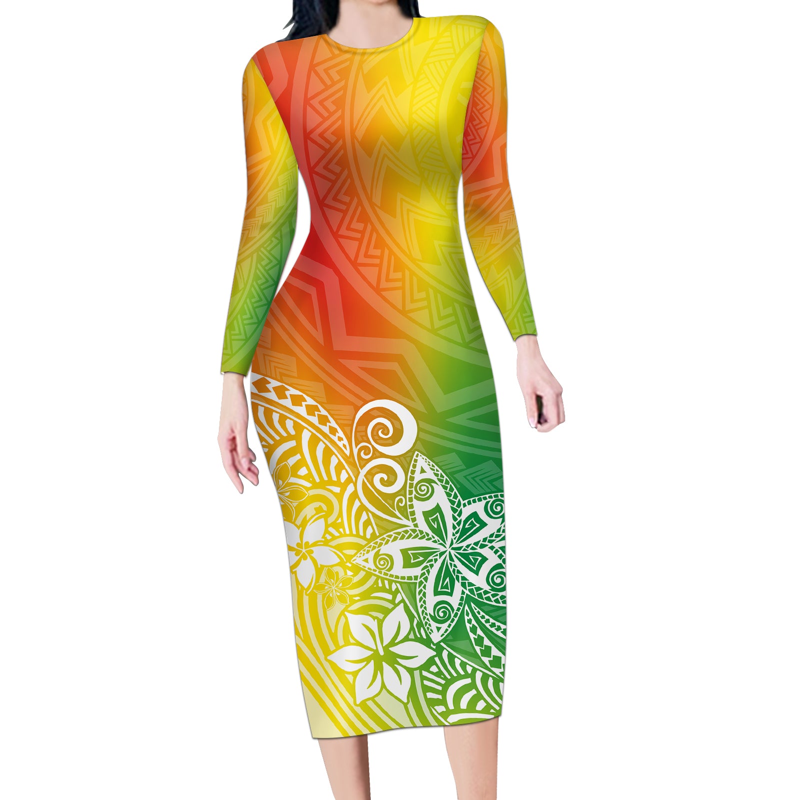 Polynesia Long Sleeve Bodycon Dress Plumeria Reggae Curves LT7 Long Dress Reggae - Polynesian Pride