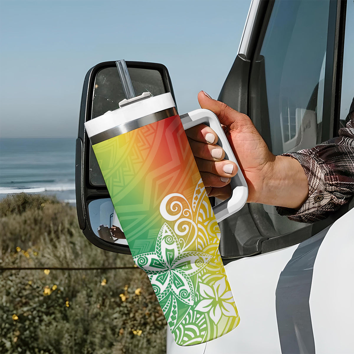 Polynesia Tumbler With Handle Plumeria Reggae Curves