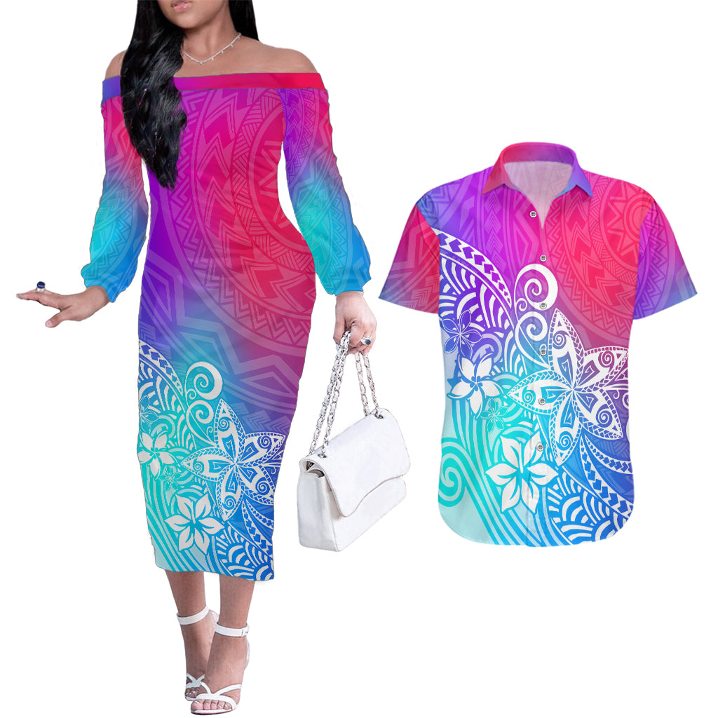 Polynesia Couples Matching Off The Shoulder Long Sleeve Dress and Hawaiian Shirt Plumeria Galaxy Gradient Curves LT7 Galaxy - Polynesian Pride