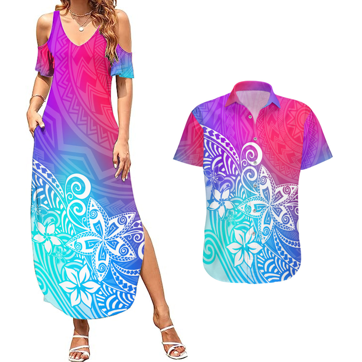 Polynesia Couples Matching Summer Maxi Dress and Hawaiian Shirt Plumeria Galaxy Gradient Curves LT7 Galaxy - Polynesian Pride