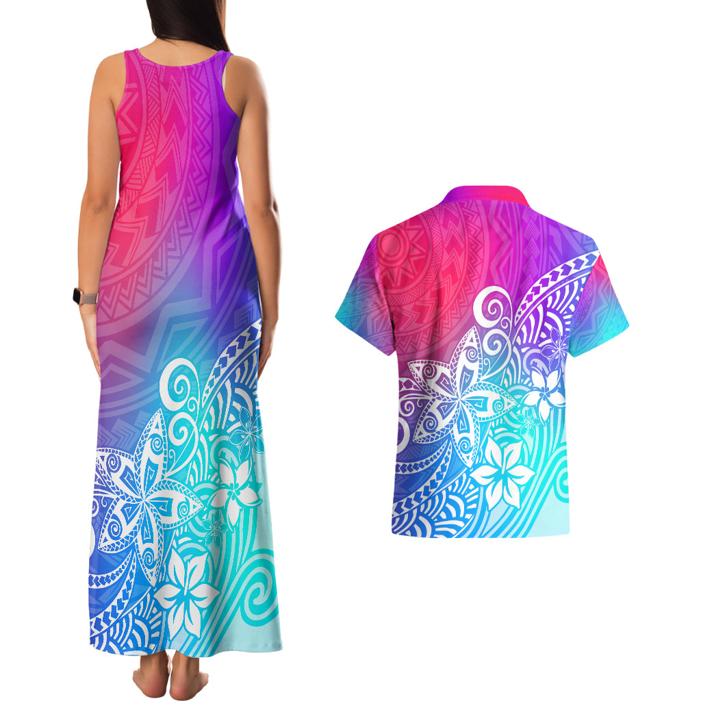 Polynesia Couples Matching Tank Maxi Dress and Hawaiian Shirt Plumeria Galaxy Gradient Curves LT7 - Polynesian Pride