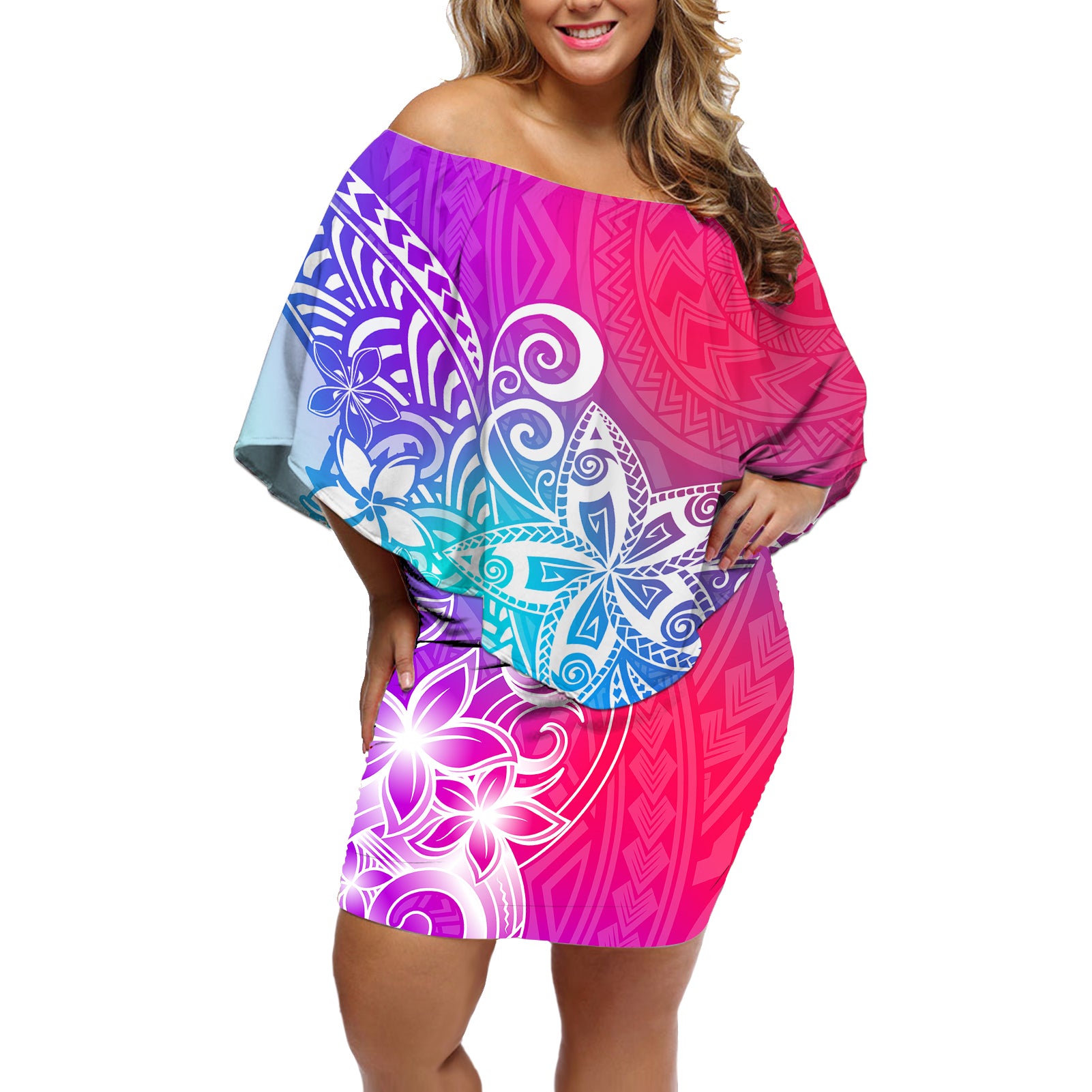 Polynesia Off Shoulder Short Dress Plumeria Galaxy Gradient Curves LT7 Women Galaxy - Polynesian Pride