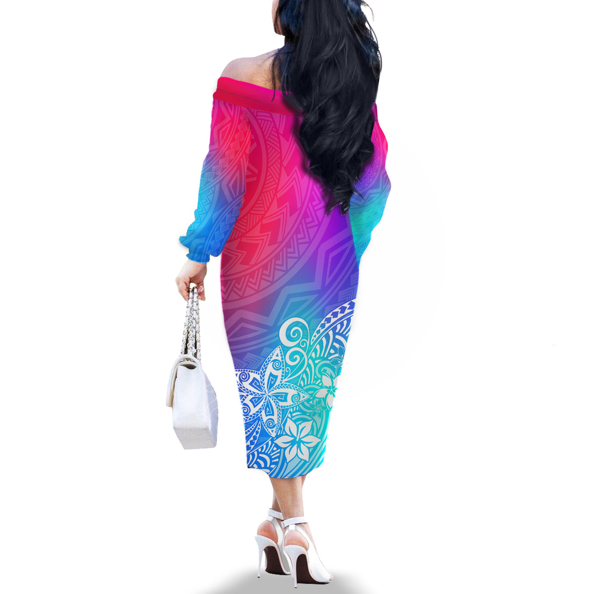 Polynesia Off The Shoulder Long Sleeve Dress Plumeria Galaxy Gradient Curves LT7 - Polynesian Pride