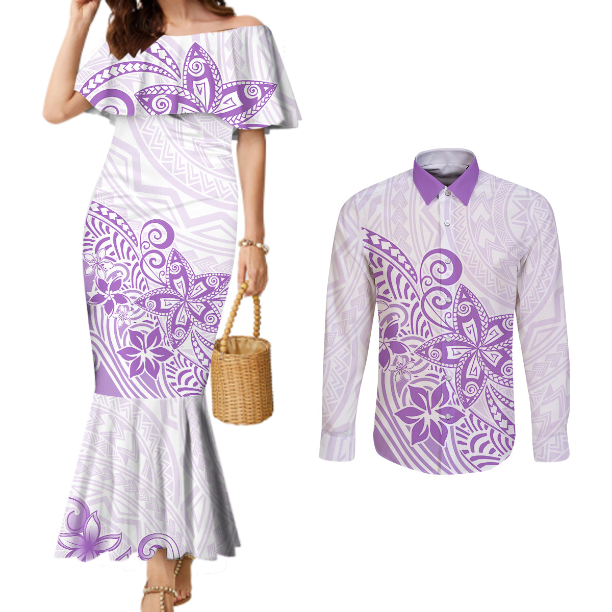 Polynesia Couples Matching Mermaid Dress and Long Sleeve Button Shirts Plumeria Lavender Curves LT7 Purple - Polynesian Pride