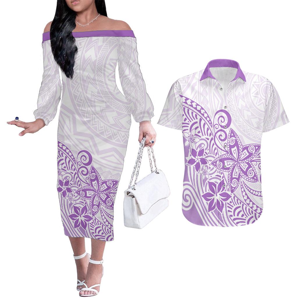 Polynesia Couples Matching Off The Shoulder Long Sleeve Dress and Hawaiian Shirt Plumeria Lavender Curves LT7 Purple - Polynesian Pride