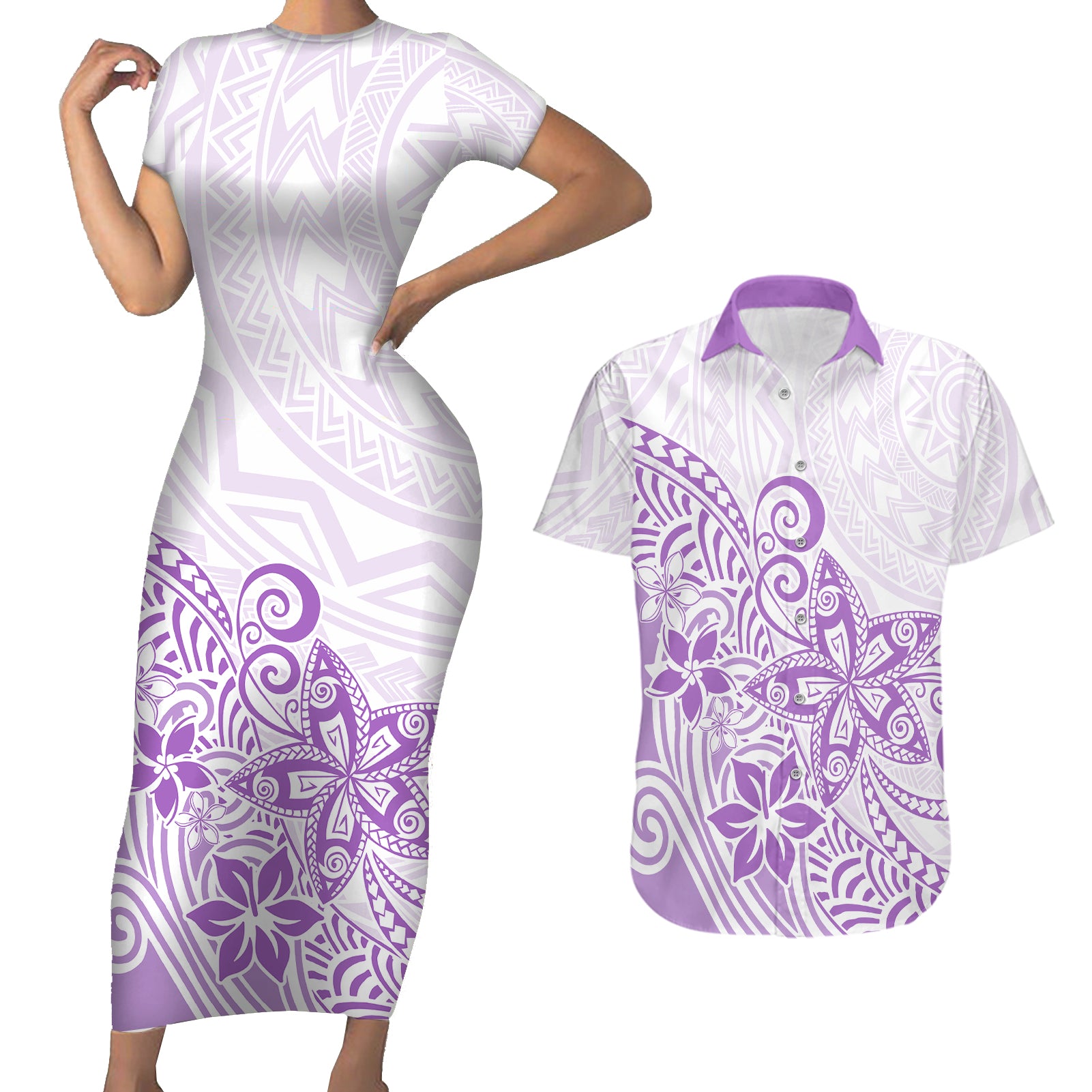 Polynesia Couples Matching Short Sleeve Bodycon Dress and Hawaiian Shirt Plumeria Lavender Curves LT7 Purple - Polynesian Pride