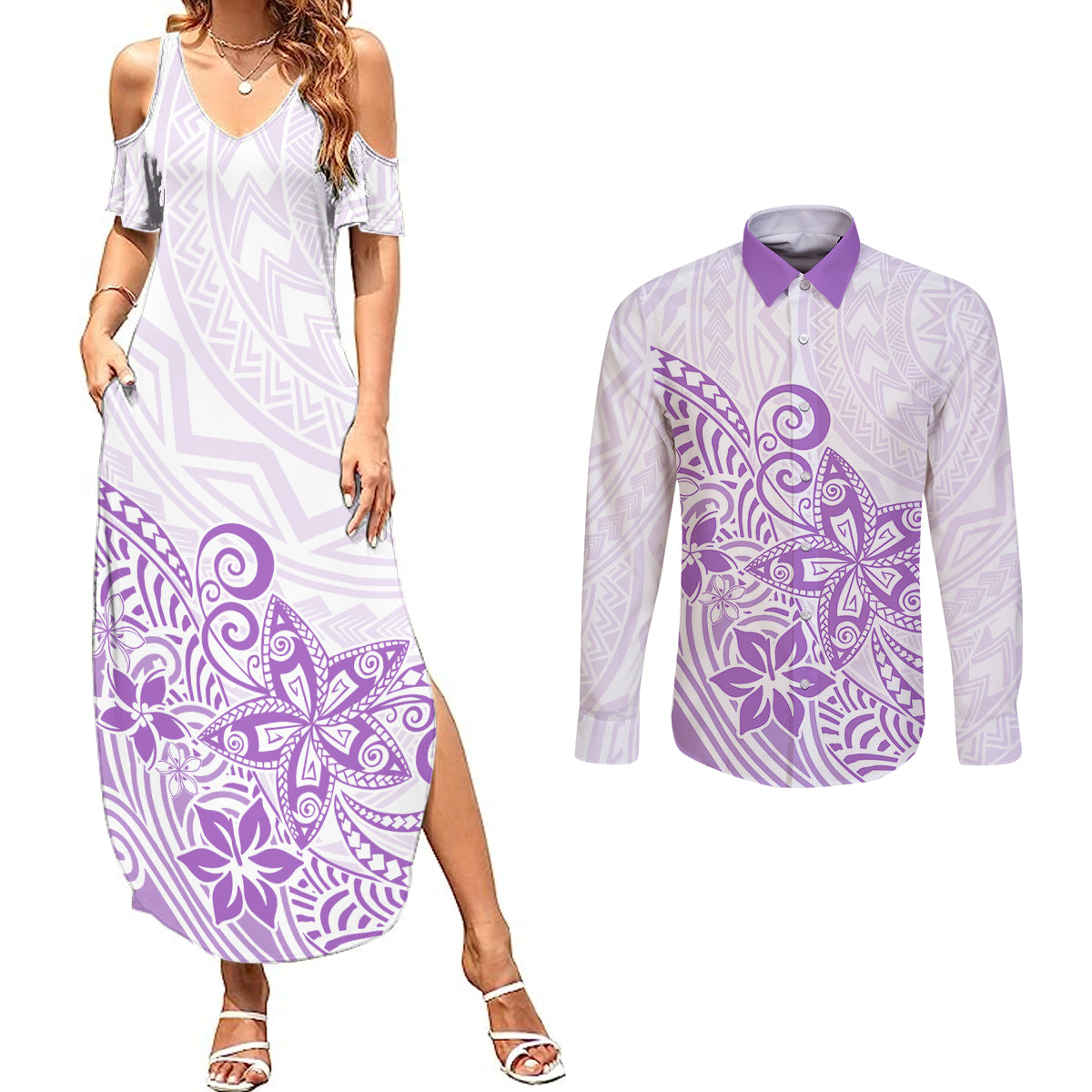 Polynesia Couples Matching Summer Maxi Dress and Long Sleeve Button Shirts Plumeria Lavender Curves LT7 Purple - Polynesian Pride