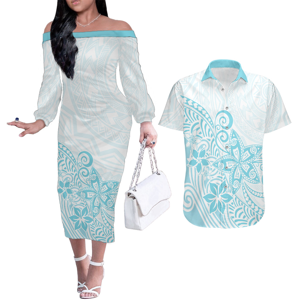 Polynesia Couples Matching Off The Shoulder Long Sleeve Dress and Hawaiian Shirt Plumeria Turquoise Curves LT7 Turquoise - Polynesian Pride